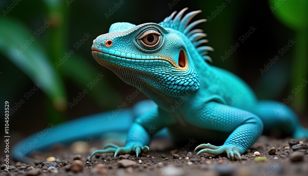 Fototapeta premium Vibrant turquoise lizard closeup in tropical environment. Exotic reptile with vivid blue scales resting on ground. Detailed view of lizard body, scales. Lizard looks alert, observant. Tropical