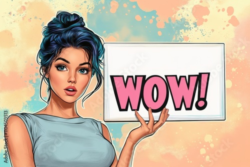 Vibrant comic pop art illustration featuring a woman in sunglasses holding a sign with 'Wow!' in bold letters against a splatter background photo