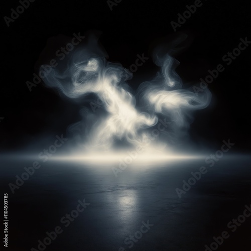 Wallpaper Mural Mystical fog swirls on dark floor. Light illuminates ethereal mist. Abstract shapes create fluid dance. Dramatic scene for fantasy sci-fi. Dark background complements light mist. Suitable for product Torontodigital.ca