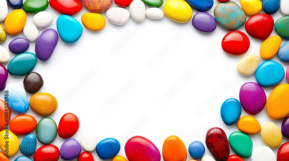 Colorful pebbles laid out against a white background evoke a serene and peaceful atmosphere. Colorful pebbles laid out against a white background evoke a serene and peaceful atmosphere.