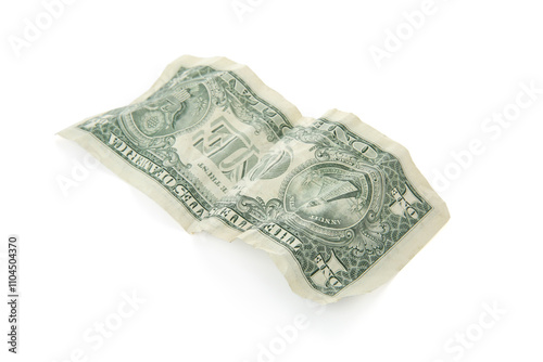 One crumpled dollar banknote isolated on white