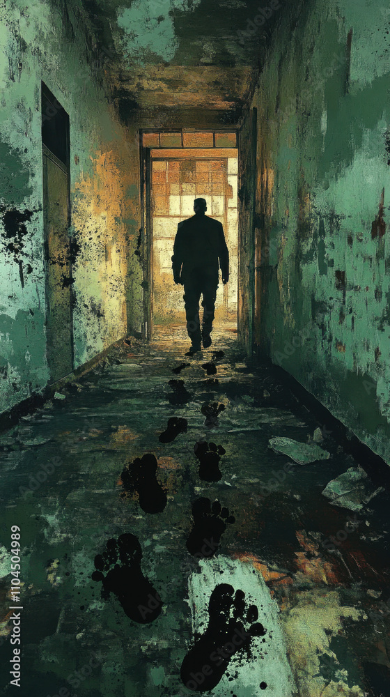 Boss and Subordinates and Oppression. A solitary figure walks down a dimly lit, decaying corridor, leaving dark footprints behind in a haunting, abandoned setting. Boss and Subordinates and Oppression. A solitary figure walks down a dimly lit, decaying corridor, leaving dark footprints behind in a haunting, abandoned setting.
