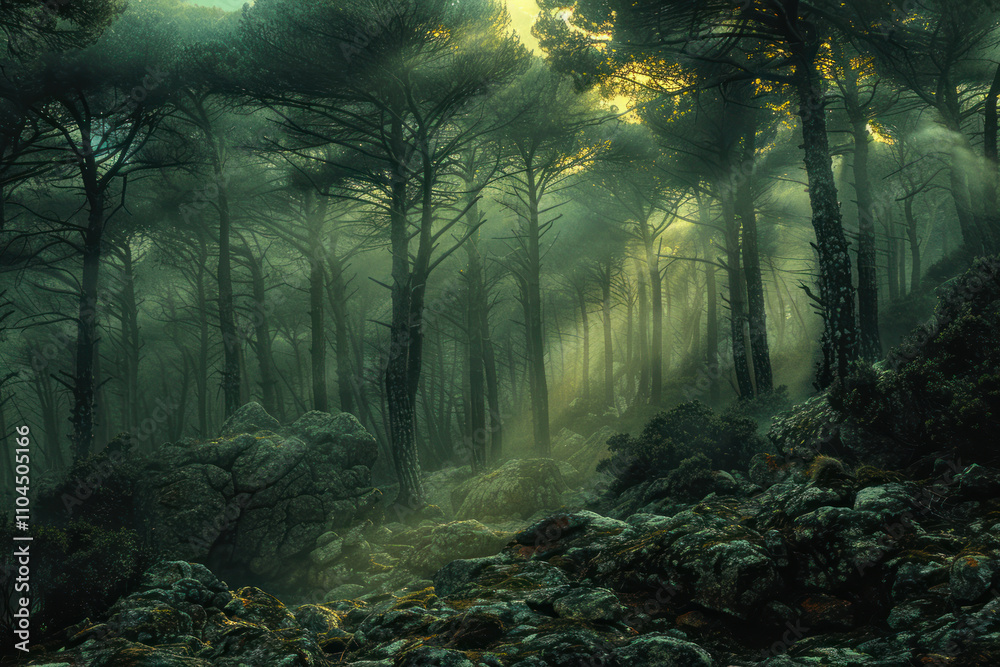 Obraz premium dense forest, illuminated by the soft morning light that breaks through the treetops 