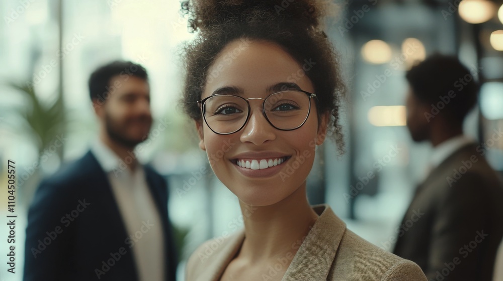 Businesswoman smiling with colleagues in background. Businesswoman smiling with colleagues in background.