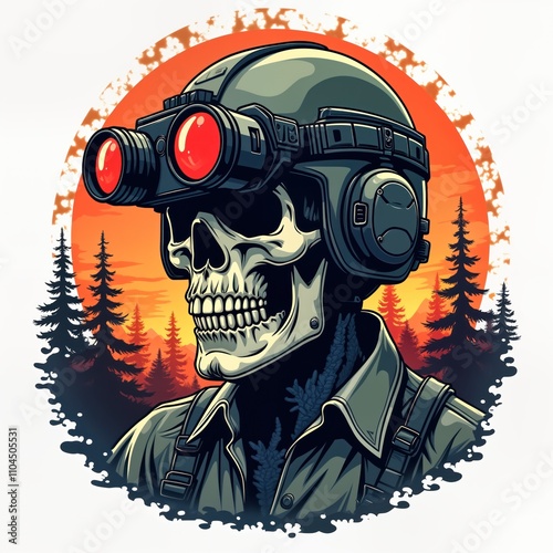 Skull wearing military tactical helmet with night vision goggles observes forest at sunset. Skull figure embodies soldier combatant in nature setting. Image designed for t-shirts badges logos fashion photo