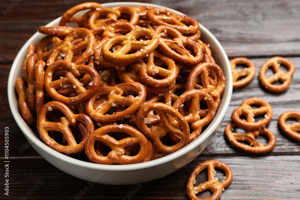 Tasty pretzel crackers on wooden table, closeup Tasty pretzel crackers on wooden table, closeup