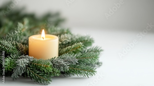 A minimalistic arrangement featuring an evergreen wreath with a lit candle in the center, set against a soft, neutral background