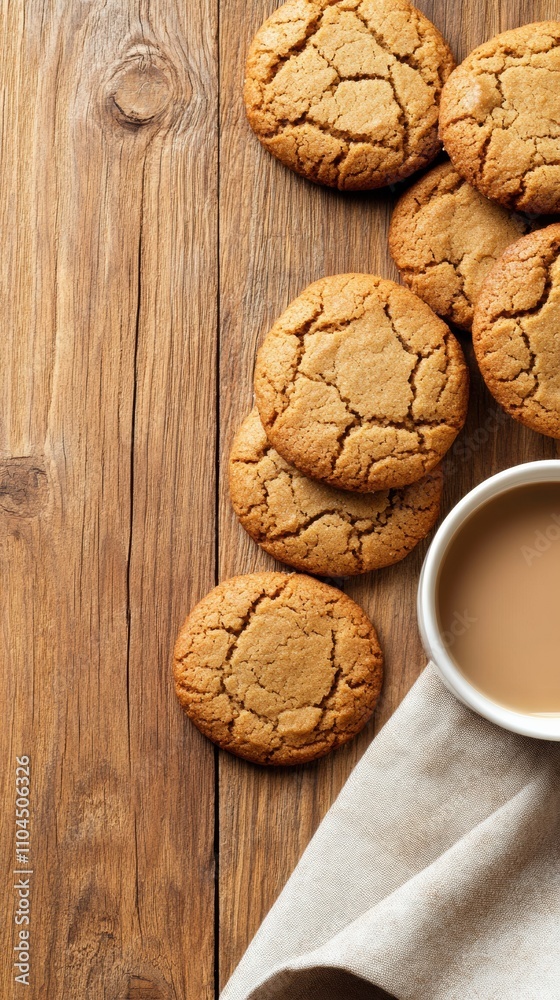 Golden cookies and a cup of coffee on a rustic wooden table, AI Golden cookies and a cup of coffee on a rustic wooden table, AI