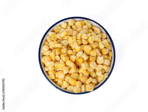 Frozen corn kernels in bowl isolated on white, top view