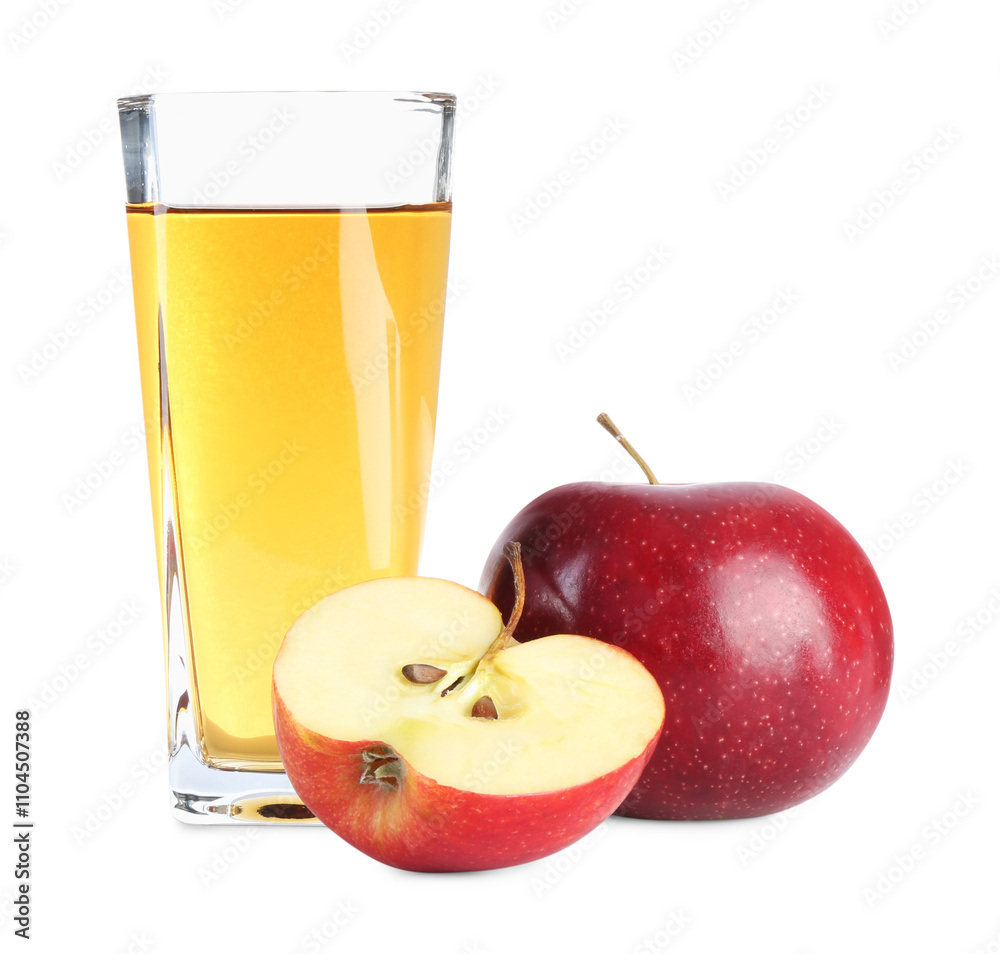 Tasty apple juice in glass and fresh fruits isolated on white Tasty apple juice in glass and fresh fruits isolated on white
