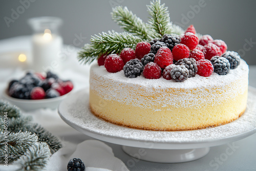 A minimalistic holiday cake topped with fresh raspberries, blackberries, and a dusting of powdered sugar, surrounded by festive decorations