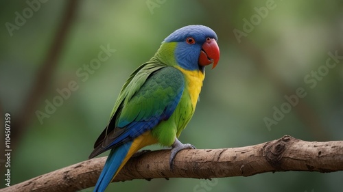 Vibrant blue, green, and yellow parrot perched on a branch.