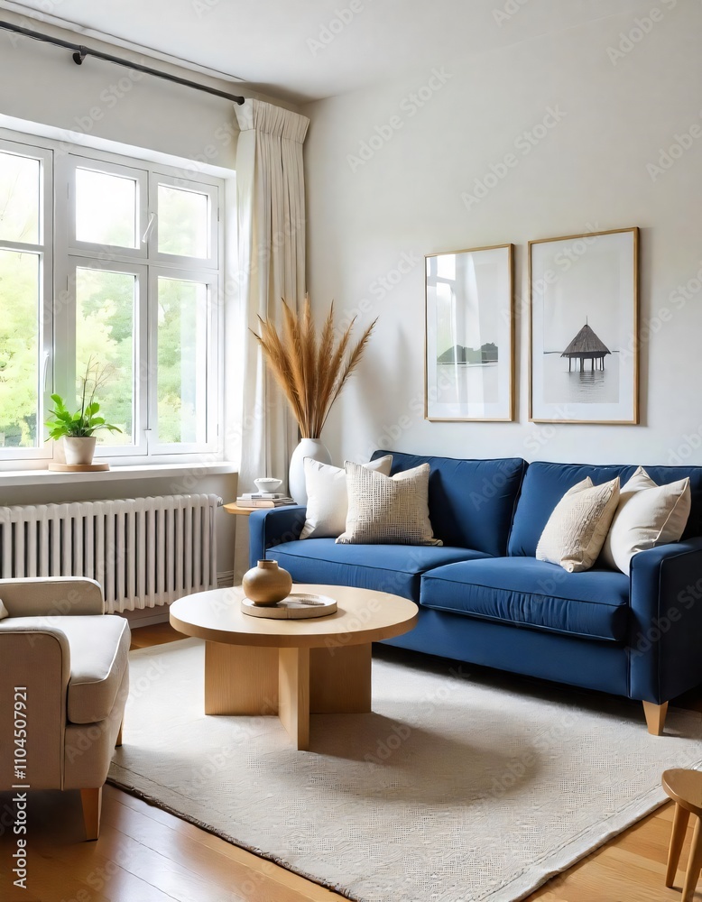 a living room with a blue couch and a lamp on the table a living room with a blue couch and a lamp on the table