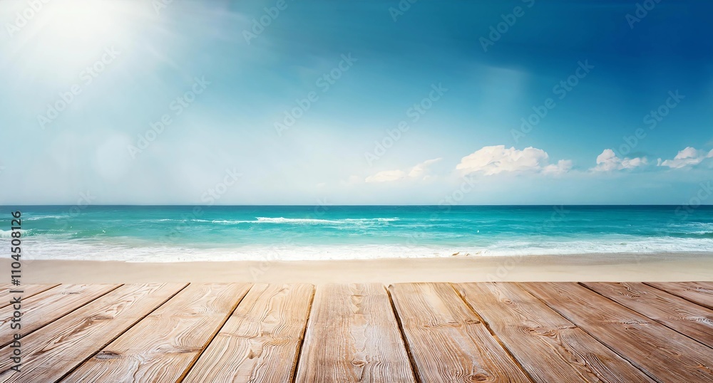 Summer tropical sea with waves, palm leaves and blue sky with clouds. Perfect vacation landscape with empty wooden table Summer tropical sea with waves, palm leaves and blue sky with clouds. Perfect vacation landscape with empty wooden table