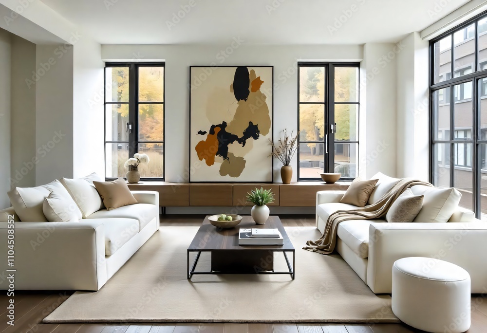 a living room with a white couch and pillows and a painting on the wall. a living room with a white couch and pillows and a painting on the wall.