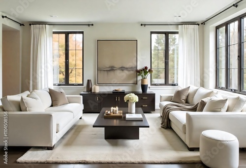 a living room with a white couch and pillows and a painting on the wall.