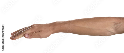 Tableau sur toile Man with bulging veins on his arm against white background, closeup