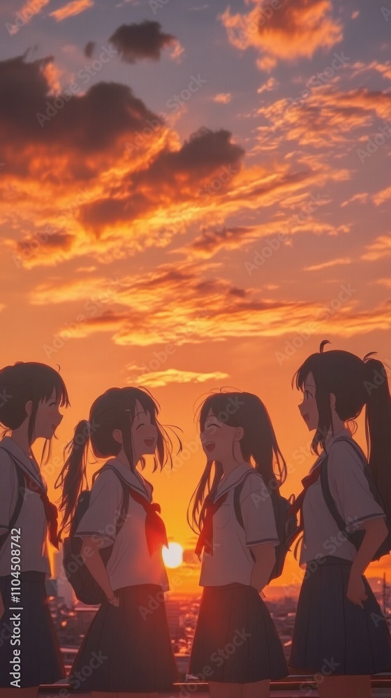 Fototapeta premium Anime friends laughing together on a school rooftop at sunset, detailed expressions and school uniform designs