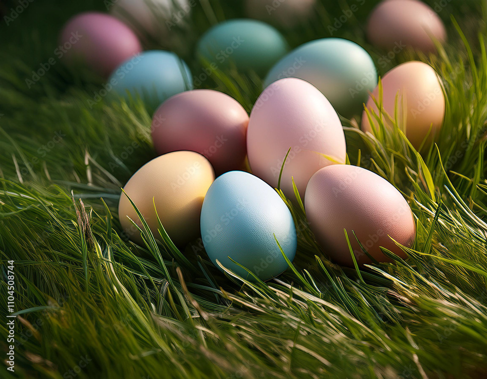 Pastel-colored eggs scattered on a grassy surface, symbolizing spring and renewal Pastel-colored eggs scattered on a grassy surface, symbolizing spring and renewal