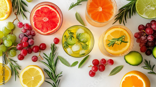 A festive table setting featuring colorful non-alcoholic drinks surrounded by fresh fruits and herbs