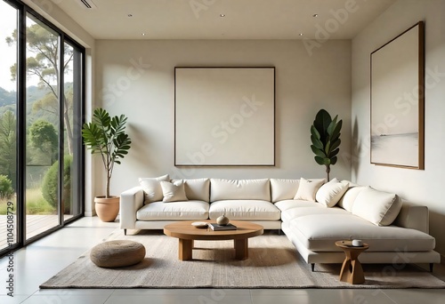 a living room with a white couch and pillows and a painting on the wall.