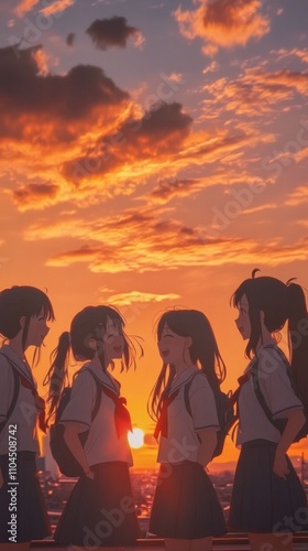 Anime friends laughing together on a school rooftop at sunset, detailed expressions and school uniform designs