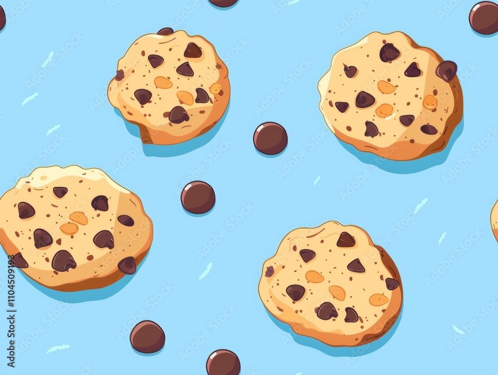 Chocolate chip cookies and oatmeal cookies arranged in a beautiful pattern, showcasing their texture, color, and detail. A delightful combination of sweet treats perfect for food photography, bakery p