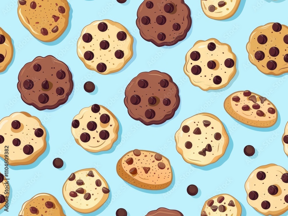 Chocolate chip cookies and oatmeal cookies arranged in a beautiful pattern, showcasing their texture, color, and detail. A delightful combination of sweet treats perfect for food photography, bakery p Chocolate chip cookies and oatmeal cookies arranged in a beautiful pattern, showcasing their texture, color, and detail. A delightful combination of sweet treats perfect for food photography, bakery p