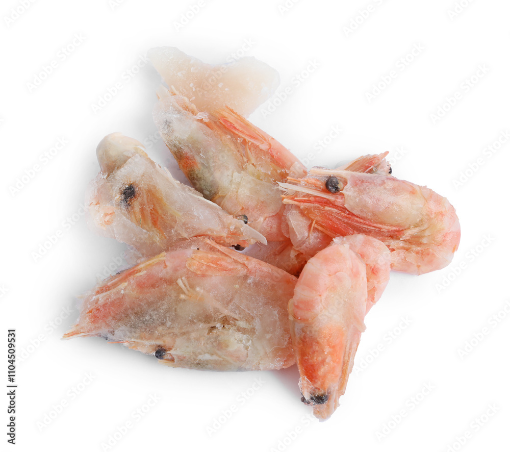 Bunch of frozen shrimps isolated on white, top view Bunch of frozen shrimps isolated on white, top view