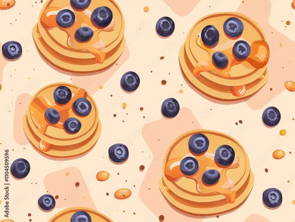 Seamless pattern featuring fluffy pancakes topped with fresh blueberries and drizzled with golden syrup, set on a soft beige background, perfect for breakfast-themed designs.