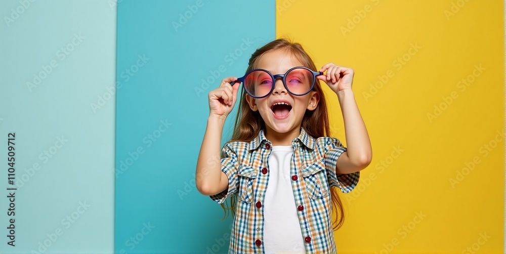 A cheerful child with big glasses beams with joy, seeing the world clearly, their smile brightening the day around them