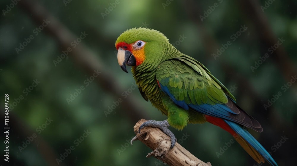A vibrant green parrot perched on a branch, showcasing its colorful plumage against a blurred green background. A vibrant green parrot perched on a branch, showcasing its colorful plumage against a blurred green background.