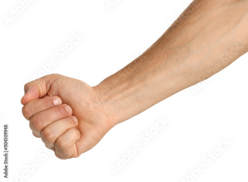 Man with bulging veins on his arm against white background, closeup