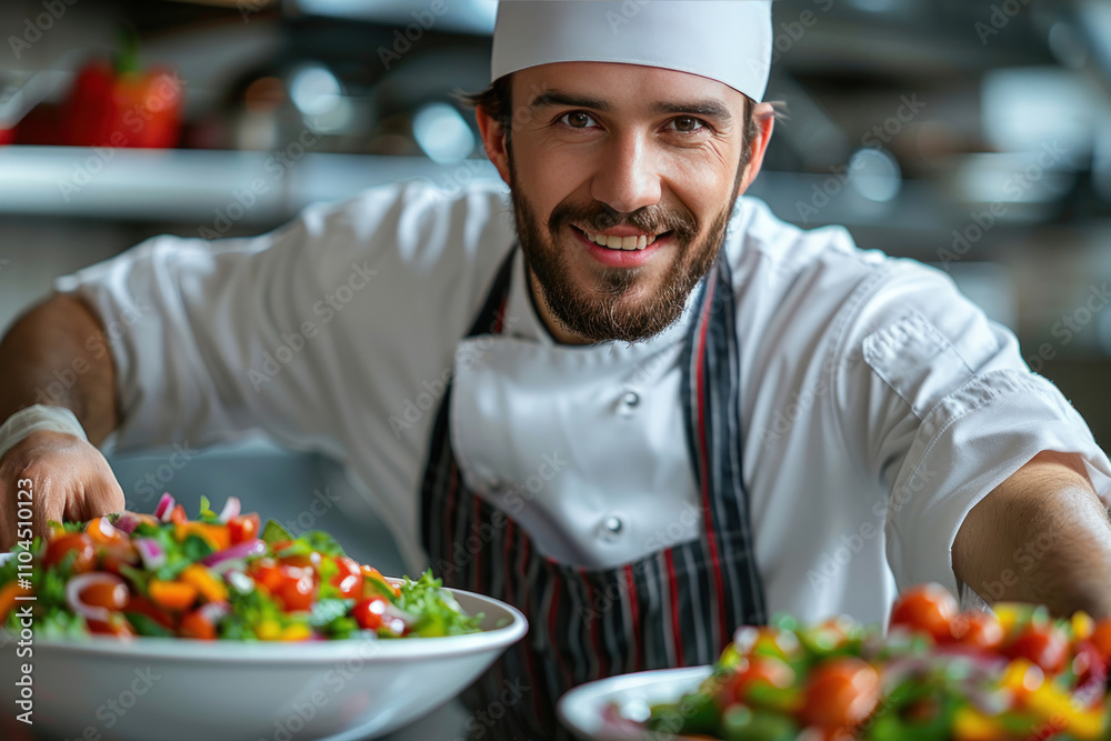 male chef in apron cooking vegetable salad in the kitchen. male chef in apron cooking vegetable salad in the kitchen.