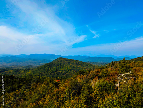 Panoramic View of Adirondack Mountains from the Summit on a Clear September Day at the Start of Autumn