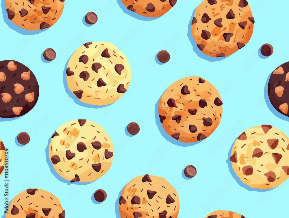 Chocolate chip cookies and oatmeal cookies arranged in a beautiful pattern, showcasing their texture, color, and detail. A delightful combination of sweet treats perfect for food photography. Chocolate chip cookies and oatmeal cookies arranged in a beautiful pattern, showcasing their texture, color, and detail. A delightful combination of sweet treats perfect for food photography.
