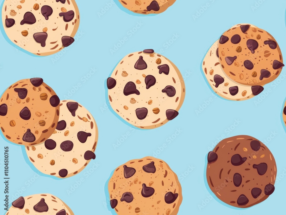 Chocolate chip cookies and oatmeal cookies arranged in a beautiful pattern, showcasing their texture, color, and detail. A delightful combination of sweet treats perfect for food photography. Chocolate chip cookies and oatmeal cookies arranged in a beautiful pattern, showcasing their texture, color, and detail. A delightful combination of sweet treats perfect for food photography.