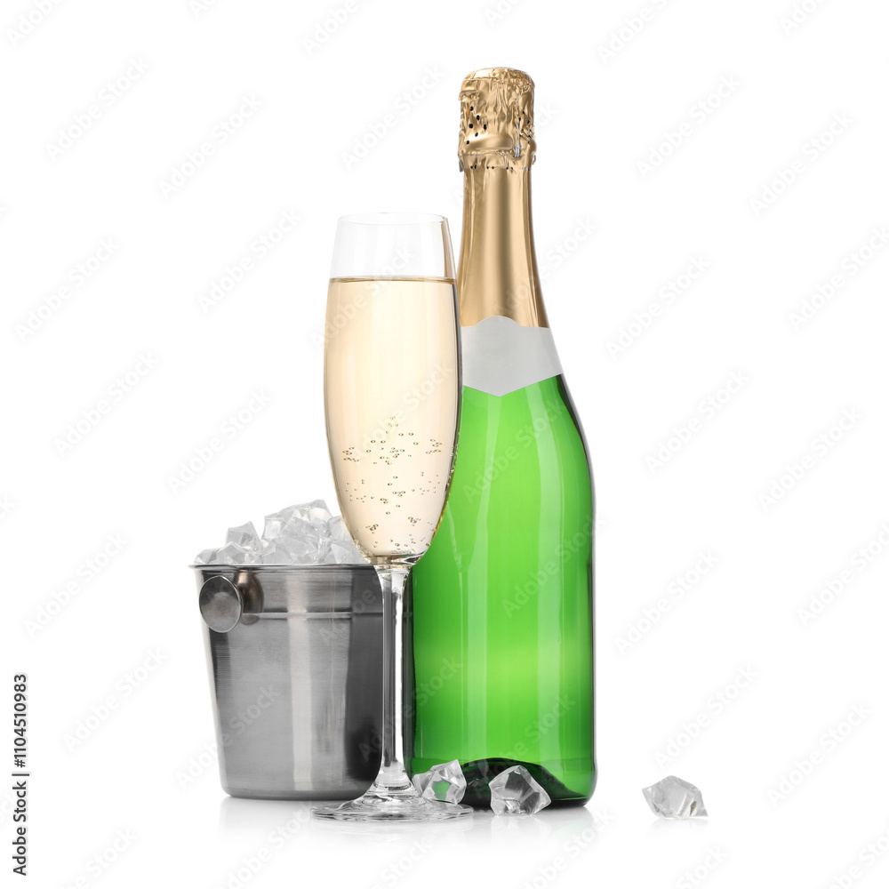Champagne and bucket with ice isolated on white Champagne and bucket with ice isolated on white