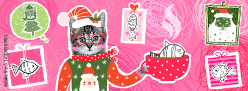 Funny Kitten with Ugly Christmas Sweater and Glasses Holding A Cup of Coffee with Fish, Fun Vector Cat Design