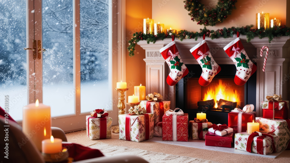 Warm christmas eve atmosphere in a cozy decorated living room with fireplace