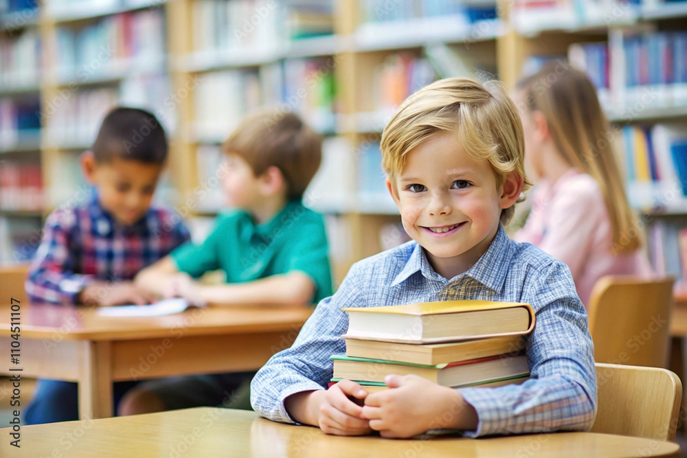Happy boy in library holding books, classmates in background. Happy boy in library holding books, classmates in background.