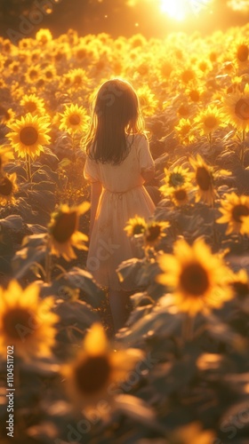 Anime girl standing in a field of sunflowers at sunrise, glowing golden light, detailed flower textures, soft anime tones photo