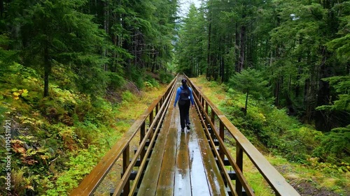 Woman walking on raised wooden path through rainforest green tree forest in Juneau Alaska