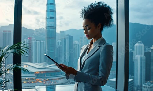 Business woman using tablet in modern office with city view.