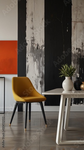 A stylish wooden dining table with comfortable chairs graces the interior of a modern home