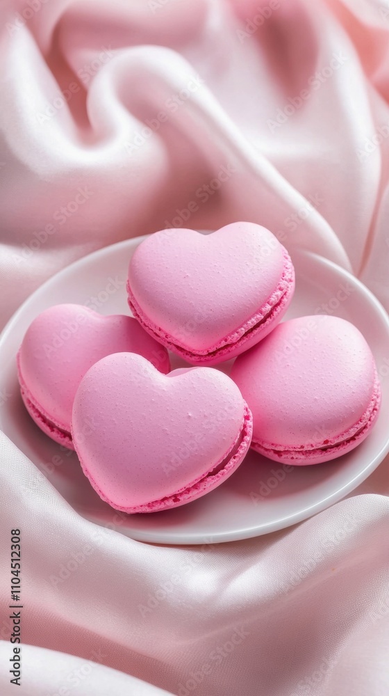 Heart-shaped pink macarons on a silky fabric exude elegance and sweetness, AI Heart-shaped pink macarons on a silky fabric exude elegance and sweetness, AI