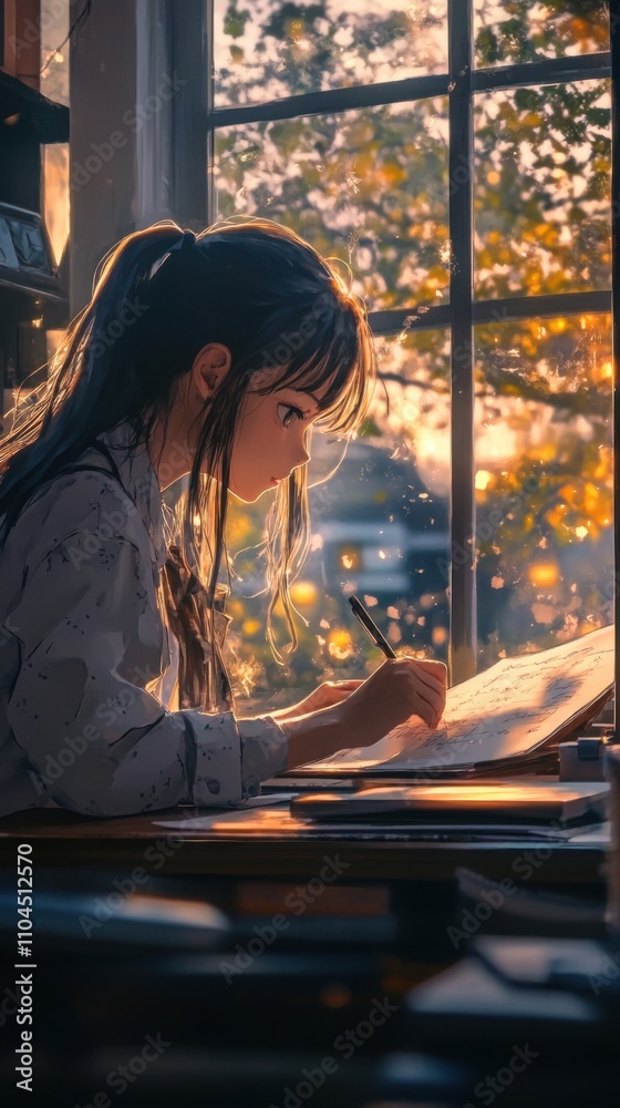 Anime girl writing a letter at a desk by the window, soft candlelight, detailed room decor and serene mood Anime girl writing a letter at a desk by the window, soft candlelight, detailed room decor and serene mood
