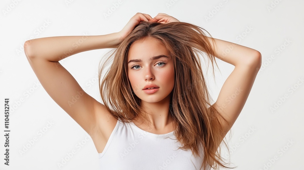 Isolated shot of woman holding hair