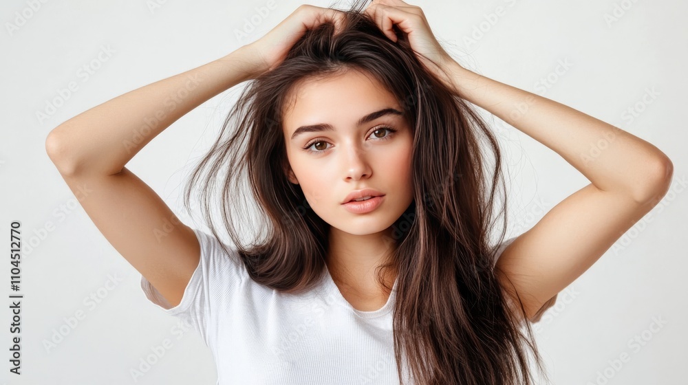 Full-body female model with hair behind head Full-body female model with hair behind head