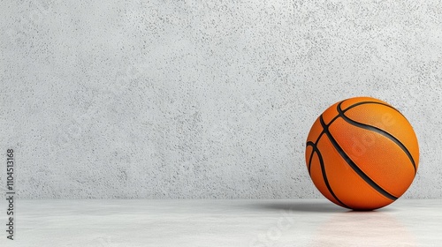 a photostock of a single sleek basketball on a smooth concrete floor, modern sports style 2025